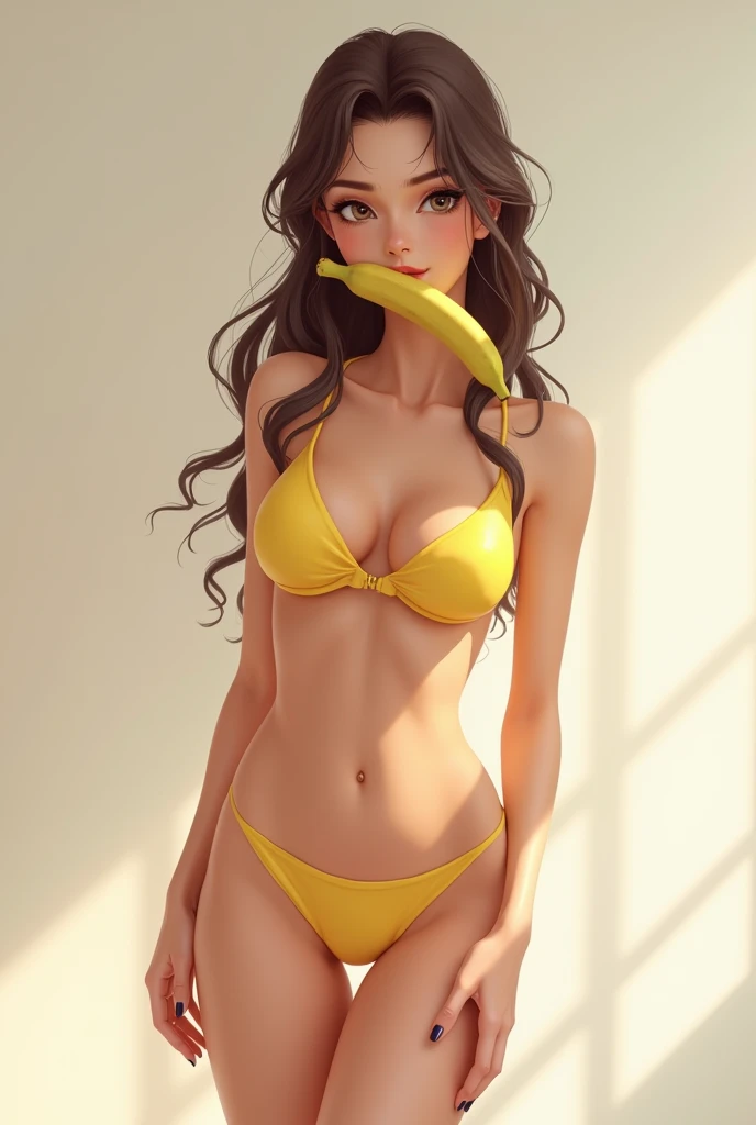 A girl with a good figure who holds a banana in her mouth