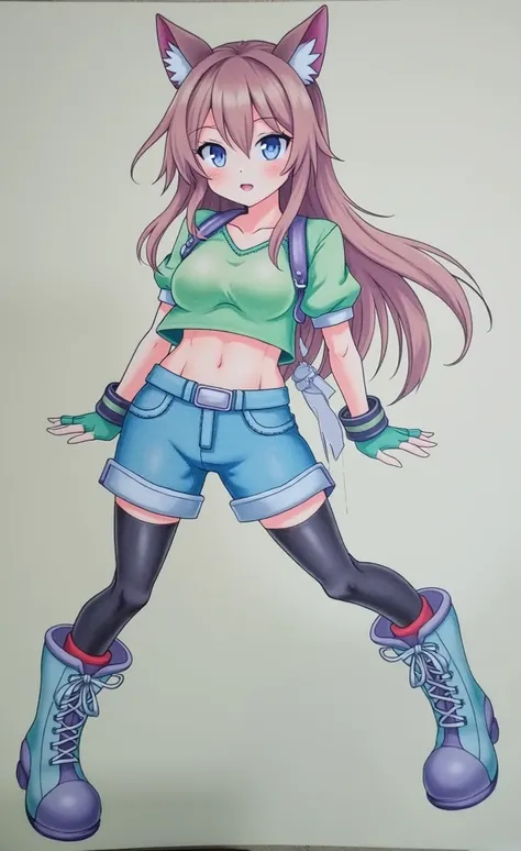 a drawing of a girl in a green top and blue shorts, brown hair,long black stockings with minimal red details and a gray detail in the center of the stockings, short-long light blue and gray boots with purple details, green gloves, dark blue eyes, pink hear...