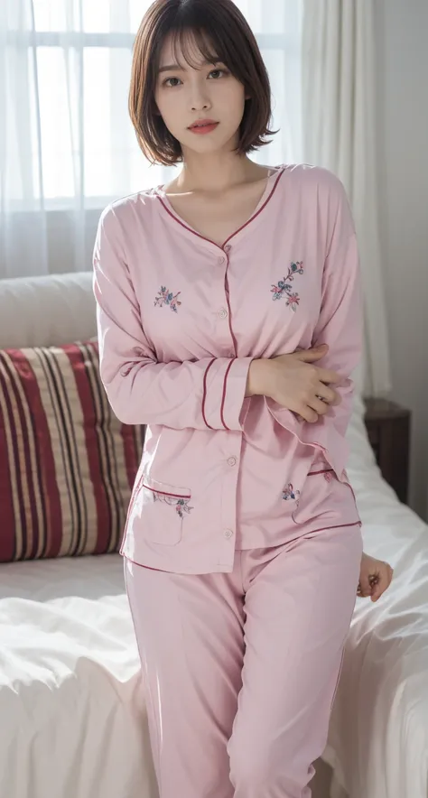  pink floral pajamas、 sitting on bed ,  redheadの少女, beautiful  redheadの女性, Anna Nikonova、 also known as a new milky  ,  redheadの少女,  redhead,  beautiful woman,  short red haired ,  redhead, short red haired ,  posing in a room 、 Big Breasts 、