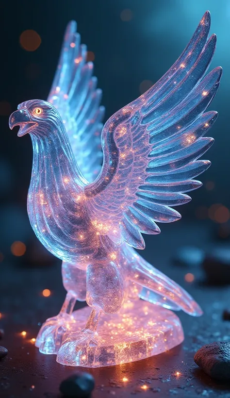 

Beautiful translucent glass eagle glowing inside, glowing lights, made of clear delicate glass, magical glow, vibrant whimsical colors, painterly, epic, majestic, fantasy art, cover art, dreamy, graphic illustration, comic art, graphic novel art, vivid, ...