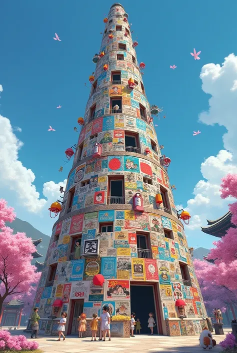 A manga tower made from a comic book that looks like a champagne tower 。 made from Japanese animated comic books