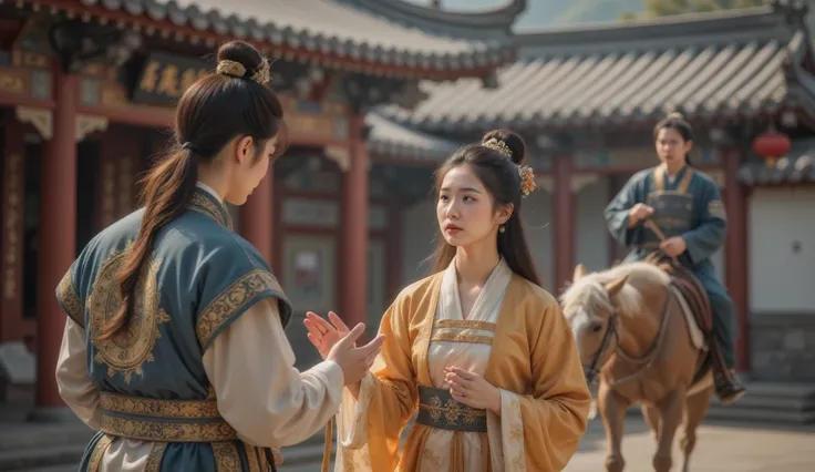 Tang Dynasty，the girl is wearing Hanfu，男孩身披Tang Dynasty铠甲，The boy rides a horse ， and looks back at the girl ， The eyes of the two are full of disappointment 。，Girl says goodbye with tears 。 Use slow camera to capture the background of the boy leaving on h...