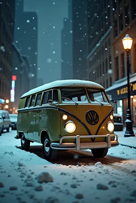 Old Volkswagen van standing on the newyork  street dark snowy night heavy snow and snow fall create a image looks like 1950 old days black dark night masterpiece hd realistic image 