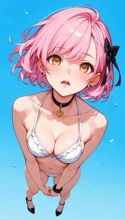  High image quality 、 high quality、 one girl playing pranks、 pink hair 、 short hair、 golden eyes、 cleavage、 fisheye lens that allows airplanes to fly、Shooting from above、 girl looking at camera 、 face up 、Looking up、Embarrassed expression、 High Heels 、 whi...