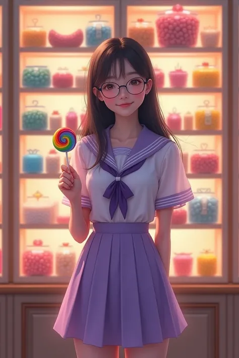 full body view, beautiful Taiwanese girl with round glasses, wearing purple gauze school clothes, standing in front of a candy cabinet filled with lots of sweets. she smiled and held a rainbow spiral lollipop.