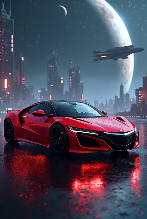 an ultra realistic photo of a 1990 red Honda NSX with white LEDs in a version of the movie Star Wars in a futuristic city floating in space with planets and ships in the background