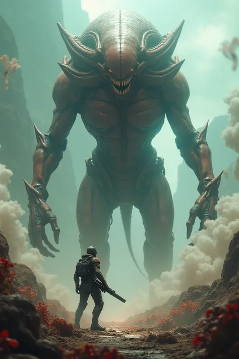 A character fighting a giant alien