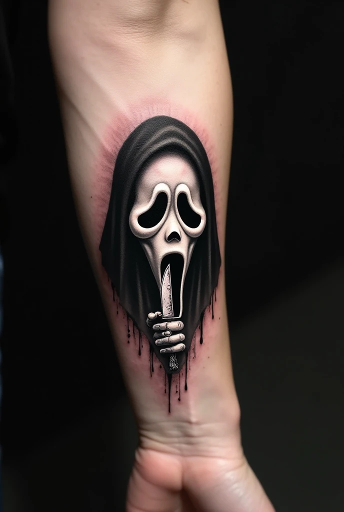 Create a small ghost face tattoo holding the knife from the movies scream 