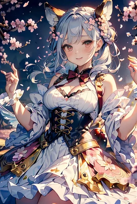 (  lets take a peek at the viewers  :1.3),( 3d animation:1.3),(((King of Steampunk :1.3)),(((Fluttering cherry blossom petals :1.5)))，(((Costume with cute pastel details ))),(((Enchanting Cosplay Outfits ))),(((Fox Ears))),(  with blush makes the subject l...