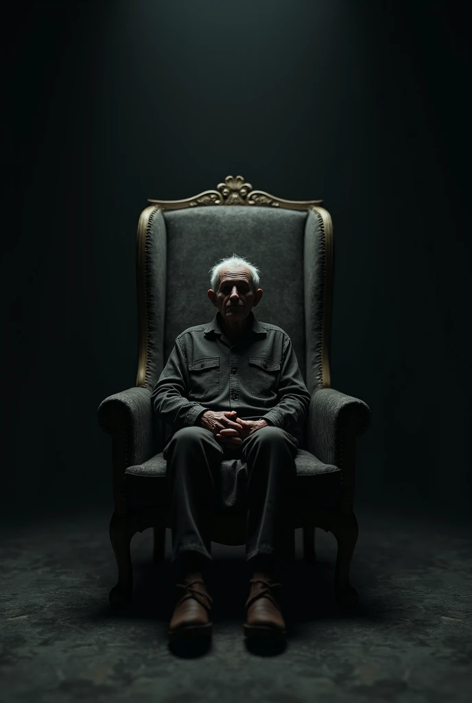 Create a 3d image where a old people sit on the old chair in black room and around the man everything is black and the old man see half body