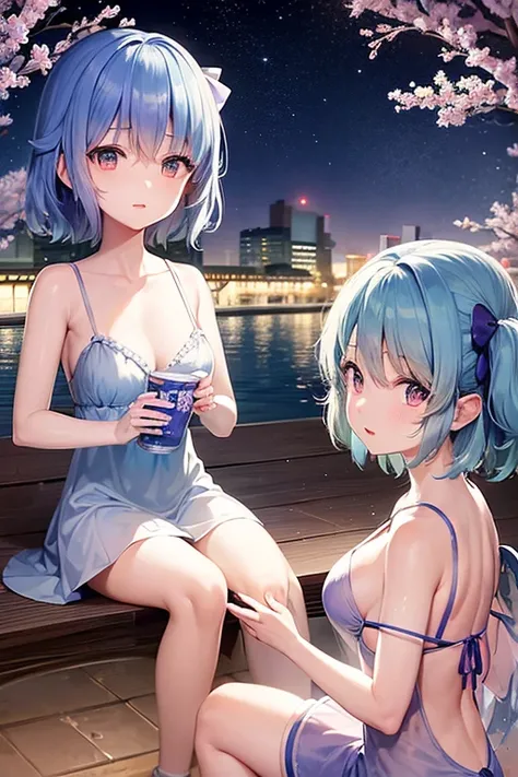 Cirnos group (Touhou) Cirno and the characters of the Touhou Project (Touhou) talk about old memories while drinking in a hot spring. On New Years Eve, they soak up to their shoulders in a steamy open-air bath to soothe their fatigue. Night cherry blossoms...