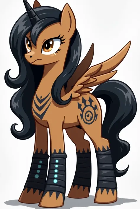 a pony ,   style my little pony ,  an adult ,   tan skin and whose hair is wavy and long black that shines and moves on its own,   brown eyes and who has black spiral-shaped marks on her body ,   she wears black bandages with small blue symbols and who has...