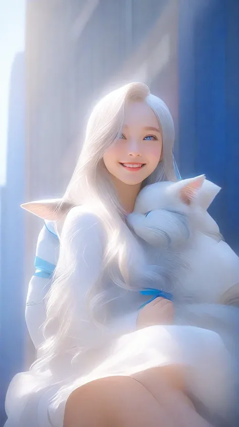 A girl，Wearing a white skirt，Silver long hair，blue eyes，Holding a cute ezo-momonga ，HD， animal ears ,  smiles,  high definition , 