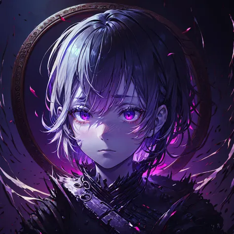 Pixiv, score 9, score 8+, score 7+, masterpiece, highest quality, ultra detailed, very detailed, full HD, 16K, absurd, (((male))), solo, ((white skin, sadness, despair, loneliness)), profile, short, boyish hair, silver hair, purple eyes, eyes without irise...