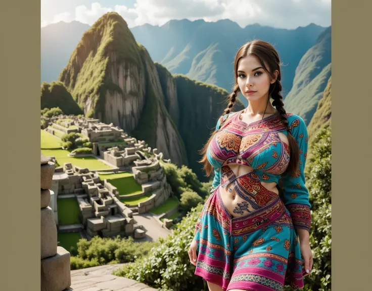  A beautiful Peruvian woman at the time of Machu Picchu ,  wearing traditional Inca clothing made of vibrant and colorful textiles adorned with intricate patterns .  She has long, dark hair braided and stands gracefully near the ancient stone walls of the ...