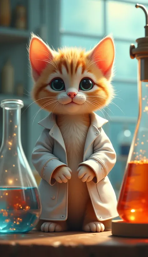  a kitten with a humanoid appearance ,  dressed in a lab coat .  It is in an environment that looks like a laboratory ,  surrounded by jars and flasks with liquids .  The soft lighting highlights its fur and big eyes,  giving it a curious and wise air .  T...