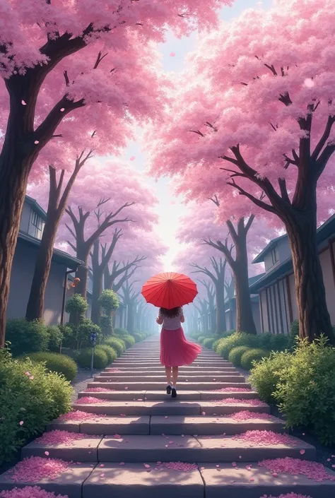 A residential area on a small hill where cherry blossom petals are dancing. When you climb the long stairs and look up, you can see petals falling like rain from cherry blossom trees in full bloom.
woman holding a parasol