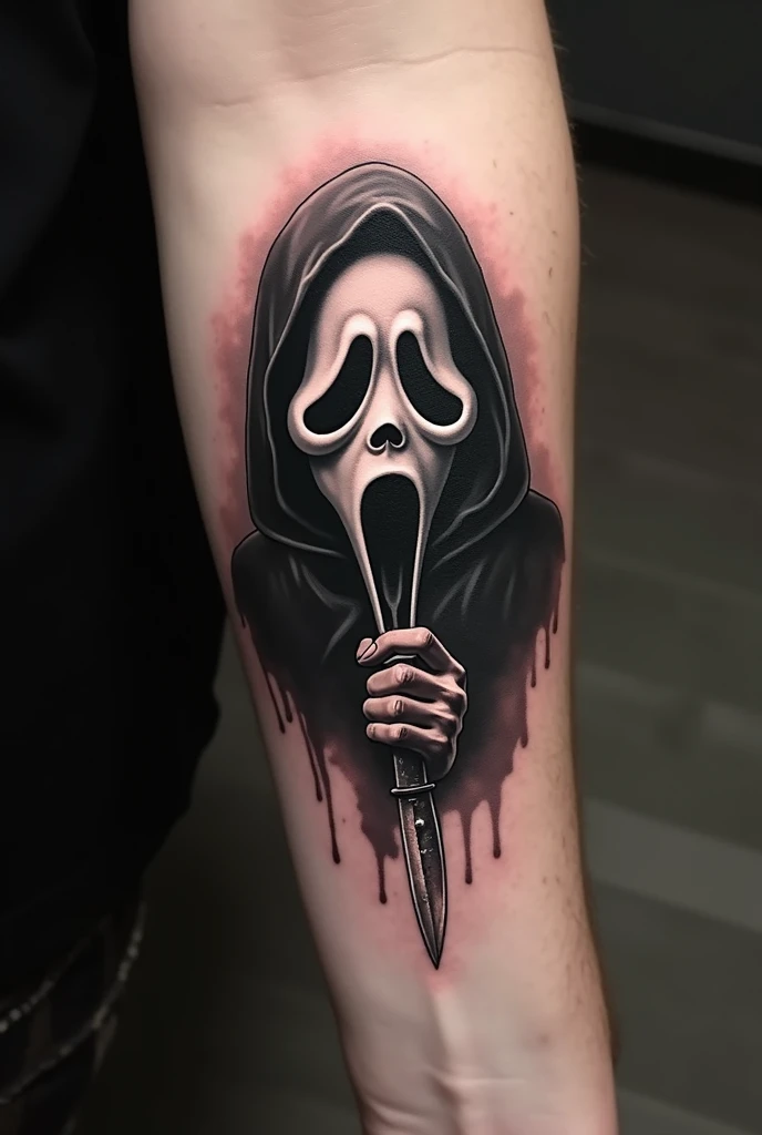 Create a small ghost face tattoo holding the knife from the movies scream 