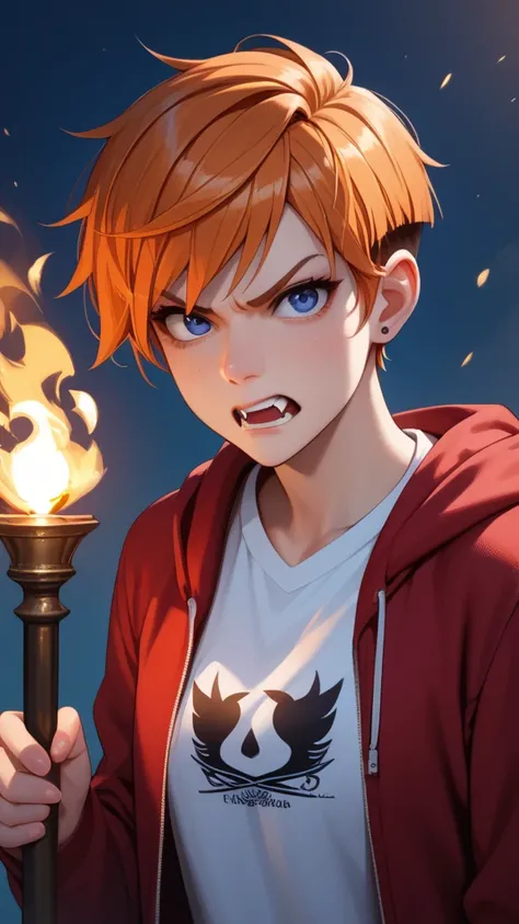 Score_9, Score_8_up, Score_7_up, Score_6_up, Score_5_up, Score_4_up, Source_anime, Tag1, Tag2, Quality_masterpiece, Anatomically correct, Detailed skin, 1girl, angry face, orange hair, pixie cut hair, red Parka jacket, wearing hoodie, nila t-shirt, blue ey...