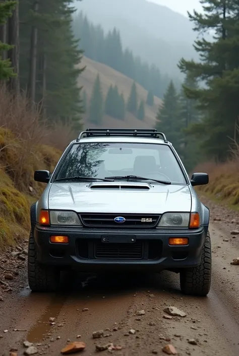 Imagine a silver 1994 Subaru Impreza wagon with black wheels and small dirt tires 
