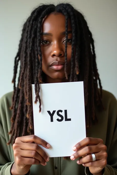 nonchalant lightskin dreadhead with dreads covering his face holding a paper with the word ysl on it