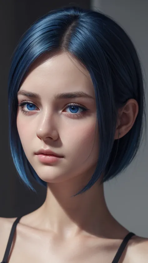 a european girl, extremely detailed face and eyes, sad, Downcast, very detailed expression, half-closed eyes, blue eyes, short hair, blue hair, realistic, realistic, 4k