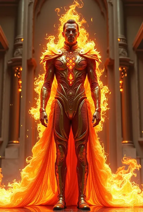  a man with in a 
Tight fire suit and flame dress in front of a building, wearing an ornate outfit, ornate dress, intricate suit, elegant flame suiy, ornate and elegant, extravagant dress, inspired by Hedi Xandt, ornate attire, intricate outfit, ornate roy...