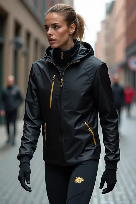 Sports warmer jacket and pants in black and combined with gold 