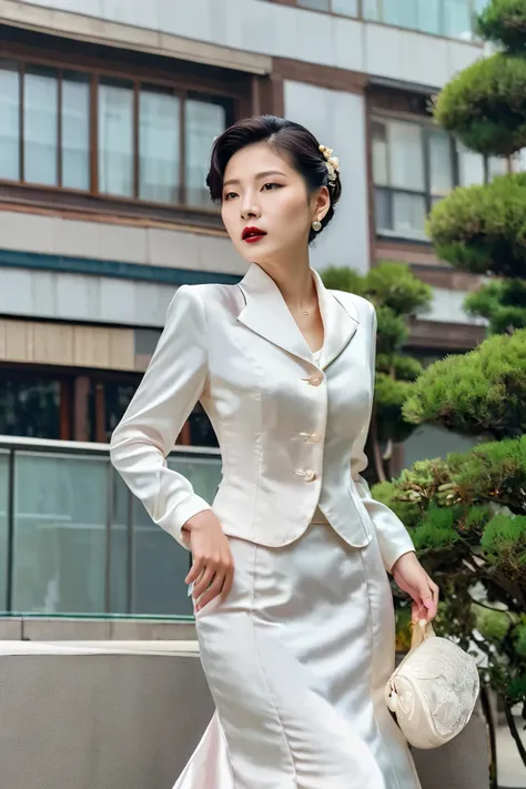 A Korean man in ladies vintage suit dress, big breast like a woman, slender female body, His hairstyle is short and manly, white, satin, long sleeves, short jacket, mermaid skirt, silk