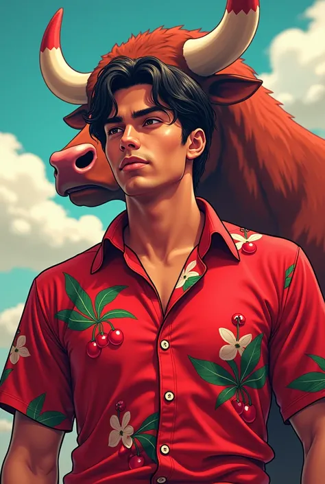 Luis Heredia in large red cherry print and in the background with an anime bull