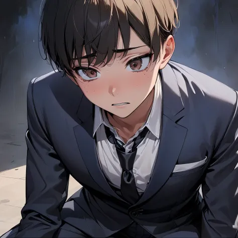  masterpiece , 1 young boy of 18 years old,  Asian style haircut,  brown eyes , blue suit, Black tie, black pants,  kneeling , worried,  looking at the ground , pupilas dilatadas, a totally dark background , Detailed,  lyrics 