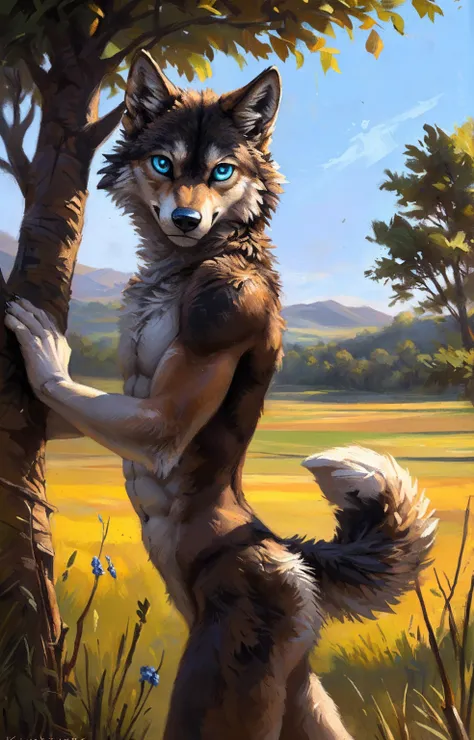 ((Solo)), male people, anthro wolf, (Multi-colored fur, White-brown:1.3，White tail pointed), (Height 2.1m,Tail length 1.5m), ((Wolf face, Big eyes, White eyelids, Blue pupil, Slim:1.2) (Tough, Calm expression:1.2)), Abs, Slim, pinging)), (Correct anatomy),...