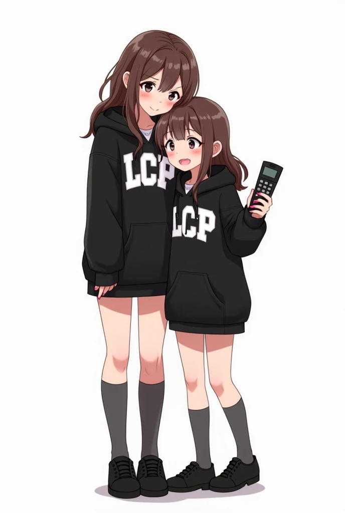 Mother and daughter Teenage woman looking forward and brown hair standing in front and her legs and wearing black leather shoes and gray knee-high socks And black poleron with hood and with white letters Athletic-style font LCCP on the chest with pink nail...