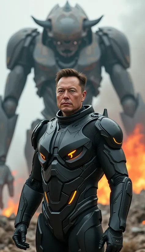 Elon Musk Futuristic visionary, manipulates advanced technologies and cosmic energy. Behind him is a technological robot as if it were a monstrous alien: Elon Musk is wearing a technological battle suit with a futuristic design and totally perfect. Backgro...