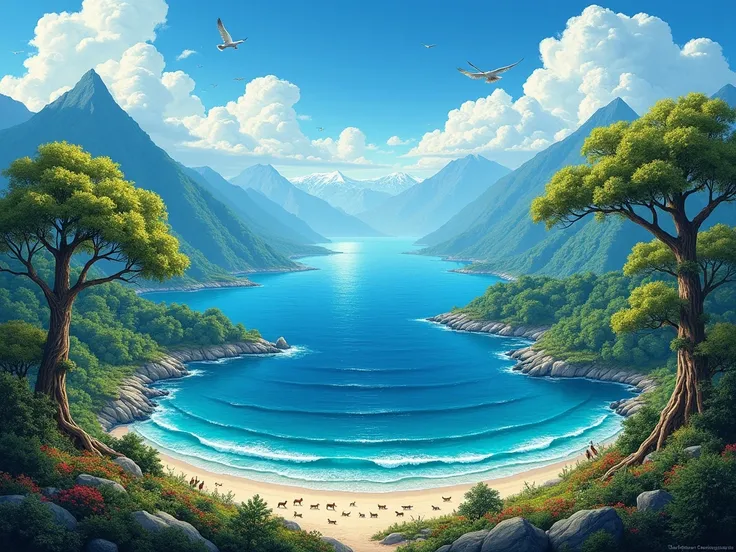  Rectangular blue planet painting depicts a beautiful landscape with abundant life.  In the center ,  blue planet stands out with vast jade blue ocean ,  the gentle waves lapping the white sand banks ,  reflect the warm sunlight .  Continents covered with ...