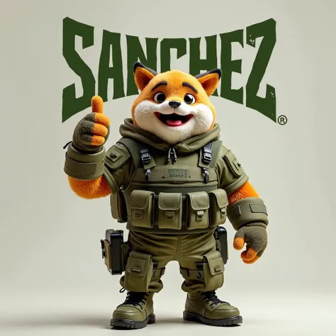  Brand logo .
Image of a military plush toy .
Scribed the word Sanchez in green.
Thumbing up .