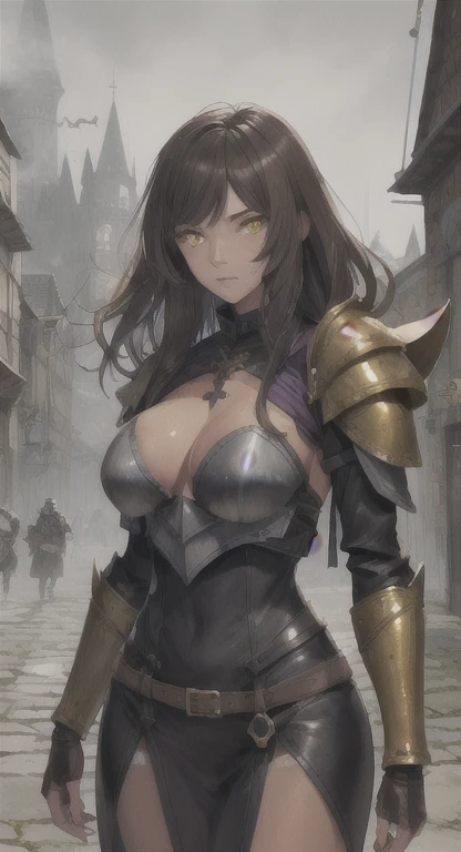 Veralynda, brown hair, yellow eyes, tan skin, leather armor, foggy medieval town,