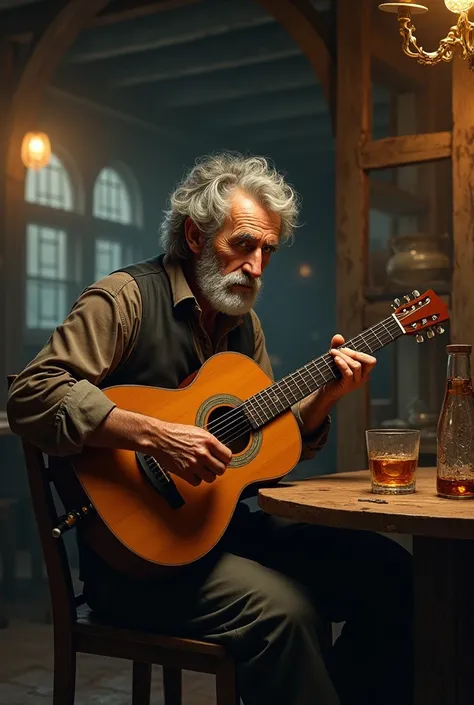 Old man playing guitar with rum