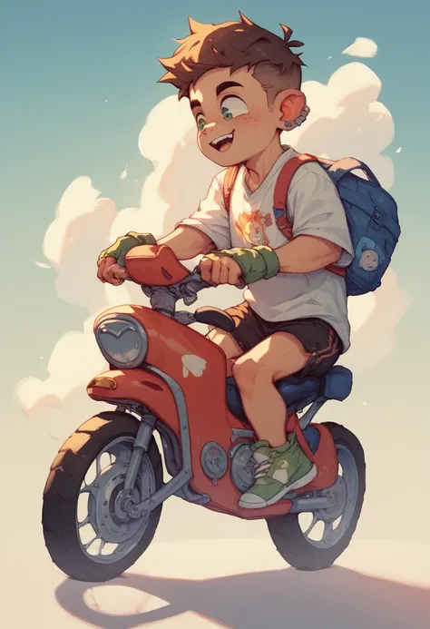 The baby boy was riding a big bike , baby kit wearing a handsome white shirt with sleeves and wearing sefty shoes