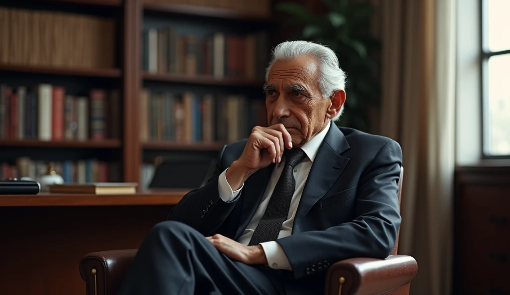 An elderly man resembling Ratan Tata sitting thoughtfully on a sleek, modern chair in a well-lit office. The man is dressed in a formal suit with neatly combed gray hair, his expression calm and introspective. The background showcases a large window with s...