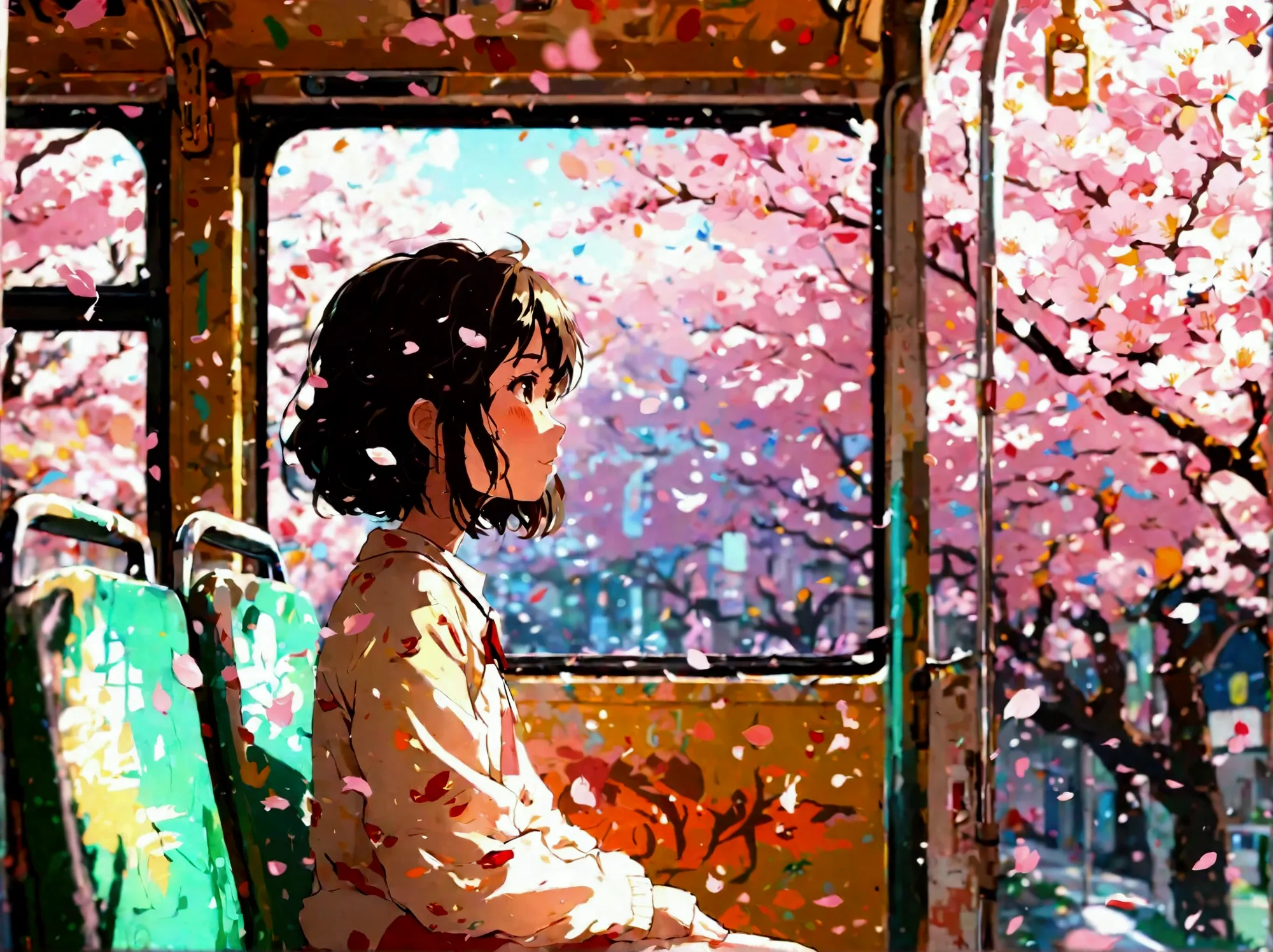 flowers are falling from the sky 、 cherry blossom petals dance、cherry tree、 anime scene of a girl sitting on an abandoned bus、at...