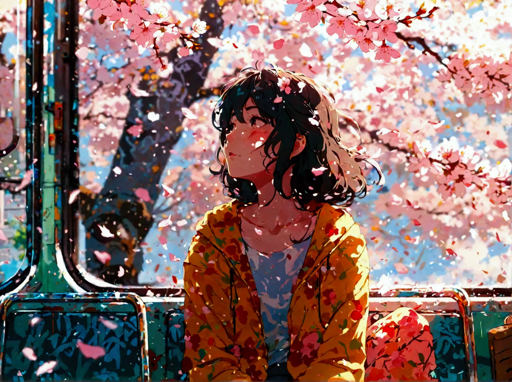 flowers are falling from the sky 、 cherry blossom petals dance、cherry tree、 anime scene of a girl sitting on an abandoned bus、at...