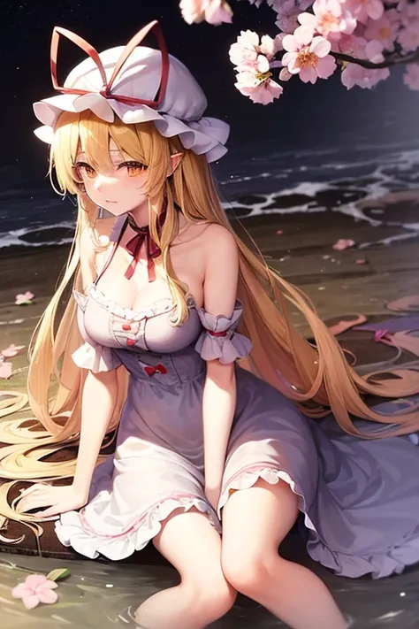 {{{(Yakumo Yukari (Touhou)), yellow eyes, hat, blonde hair, long hair, dress, ribbon, hat ribbon, ribbon, mob cap, frills, long sleeves, tabard, wide sleeves, hair ribbon, white dress, gap Yakumo Yukari and the characters of the Touhou Project (Touhou) tal...