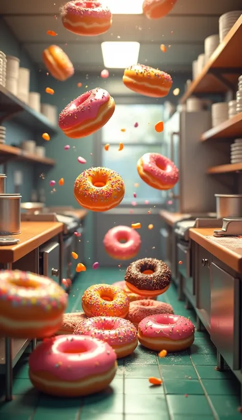 Images of various types of brightly colored doughnuts falling、The background is a kitchen where donuts are made with a green base