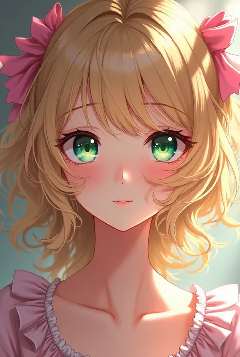  A curly haired blonde babe, green eyes and freckles,She loves the color pink and bows ,Half realistic anime style