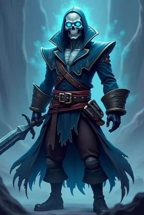  creates an image of a ghost pirate that is drawn like a character from Fortnite. His face is a skull with eyes that has an evil fluorescent blue glow.. his clothes are like what a pirate would wear but they are weathered by time . Draw him full body . 