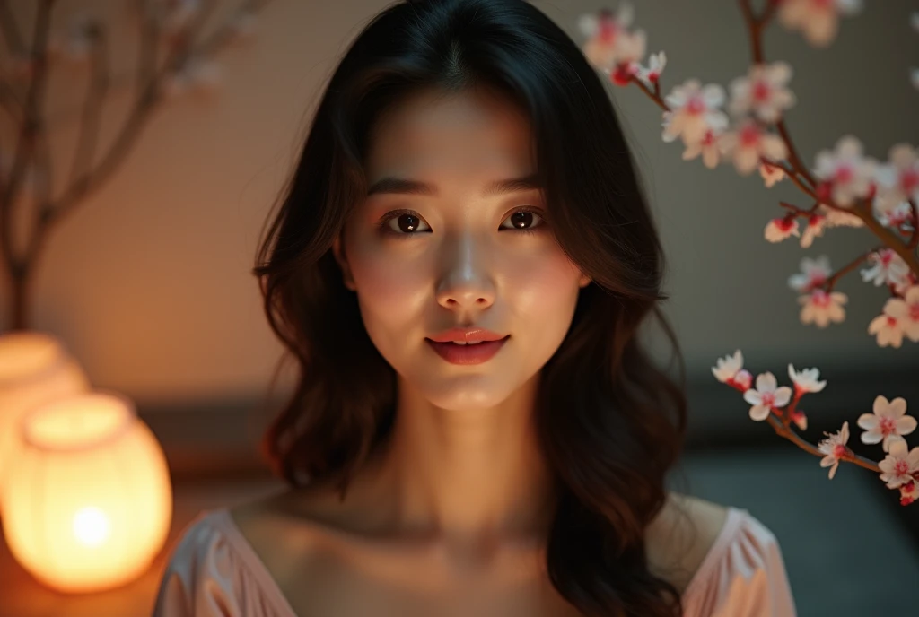 In a serene, softly lit setting reminiscent of a zen garden, a stunning Asian model gazes directly into the camera with a slight, serene smile. The ambient lighting is gentle and diffused, emanating from strategically placed lanterns that cast a warm glow ...