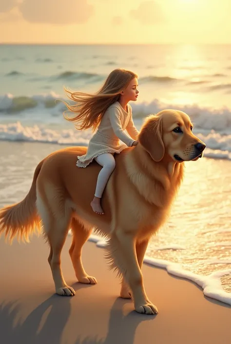 A long-haired girl, , each with a golden retriever on the back of a golden retriever, Both with their backs to the camera ,  and sitting on the seashore , Look forward 