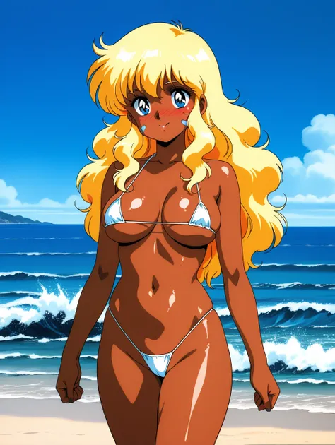 A beautiful, dark skinned anime girl with long, wavy blonde hair standing alone on a beach, waves crashing around her. She has a perfect, curvy figure with large breasts, wearing a micro bikini that reveals her body. Her blue eyes are filled with a friendl...