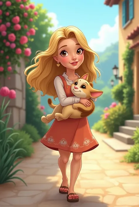  a middle-aged woman , with blonde hair, BROWN EYES AND WELL-MARKED MOUTH , walking,  HOLDING A CREAM AND BROWN CAT,  Disney cartoon style